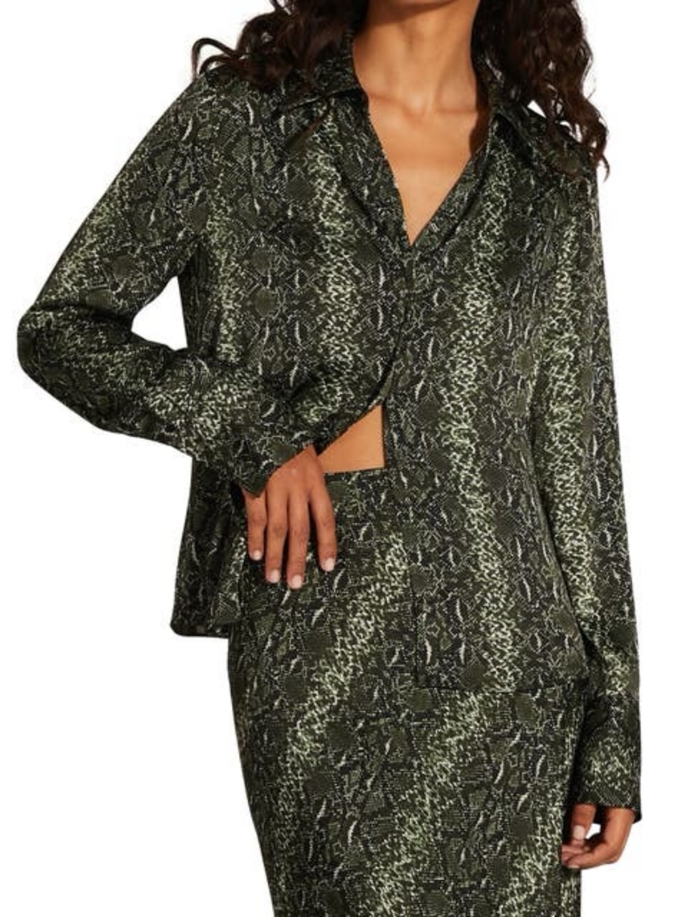 Favorite Daughter Olive Snake-Print Satin Button Shirt